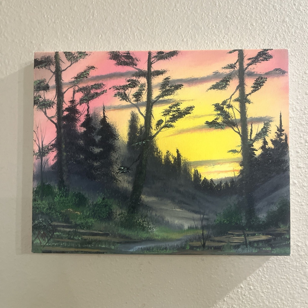 Vibrant Evergreens at Sunset inspired by the style of Bob Ross 10 x 8